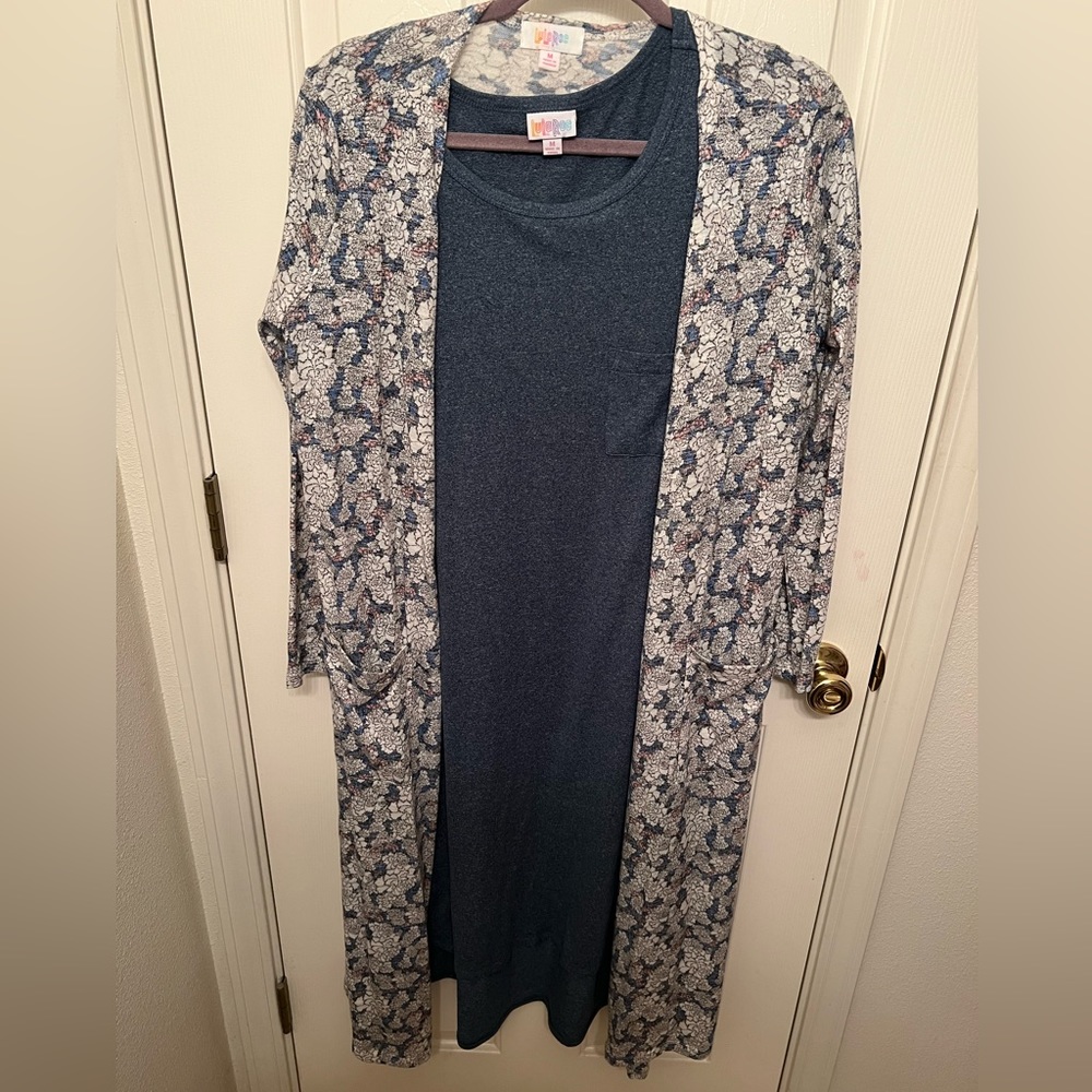 LulaRoe Carly dress and Sarah long cardigan, both size medium-runs big